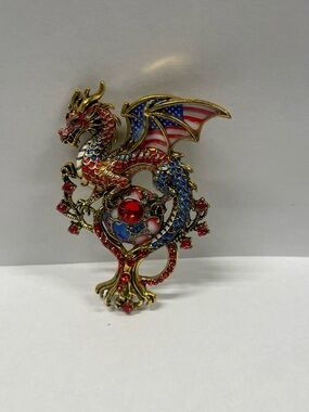 Patriotic Red and Blue Dragon Enamel Accent - Gold Tone